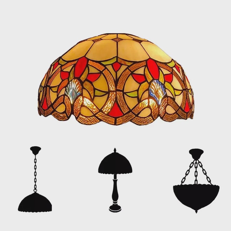 May include: A stained glass lampshade with a domed shape, featuring a mosaic of yellow, red, and blue glass pieces. The design includes intricate patterns and a scalloped edge. Silhouettes of different lamp styles are below.