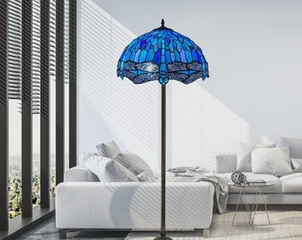 Tiffany-Style Floor Lamp – Blue Stained Glass Lighting for Living Room and Bedroom