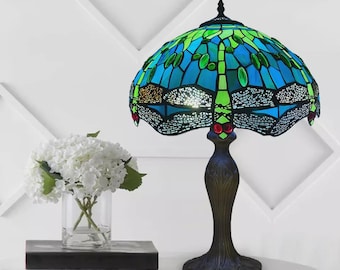 Tiffany-Style Table Lamp – Green Dragonfly Stained Glass Shade, Vintage Art Deco Desk Light