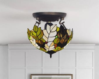Tiffany-Style Ceiling Lamp – 16-Inch Multicolored Leaves Design Handcrafted Stained Glass Shade