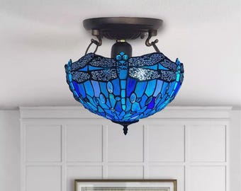 Blue Dragonfly Tiffany-Style Ceiling Lamp – 16-Inch Stained Glass Shade, Antique Style