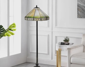 Lampada antica in stile Tiffany, lampada da terra con vetro colorato, ideale per arredare camera da letto e soggiorno.