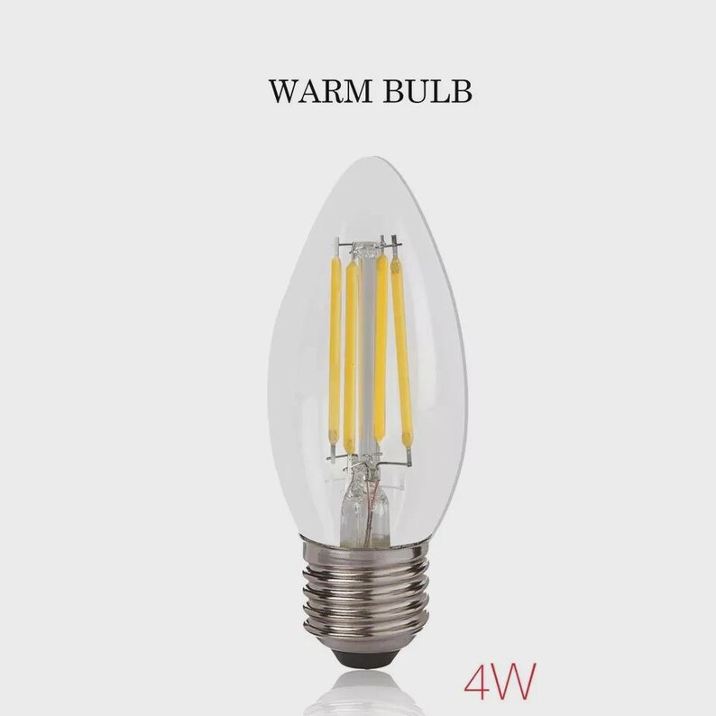 May include: Clear glass LED light bulb with a silver base. The bulb has a warm yellow glow and the text "WARM BULB" is above the bulb. The text "4W" is below the bulb.