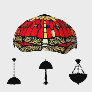 May include: A stained glass lampshade with a dragonfly design. The shade features red, yellow, green, and blue glass pieces. The image also includes silhouettes of different lamp styles, including a pendant lamp, a table lamp, and a chandelier.