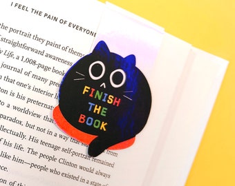 Finish The Book Black Kitty Magnetic Bookmark | Holographic, Bookish Gift, Unique Stocking Stuffer