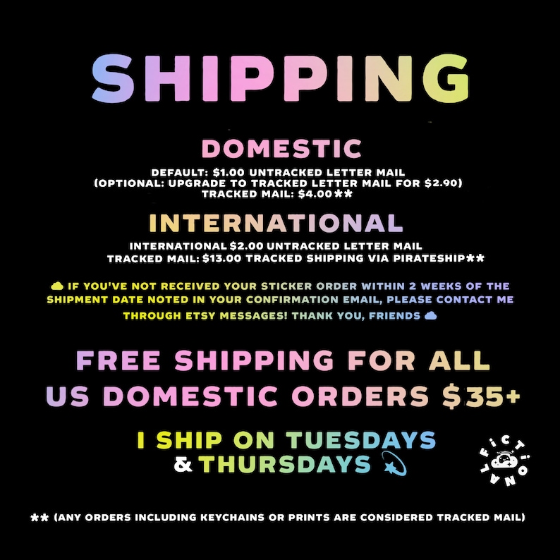 Peut inclure: Fond noir avec du texte multicolore. Le mot "SHIPPING" est en haut. D'autres textes incluent "DOMESTIC", "INTERNATIONAL", "FREE SHIPPING FOR ALL US DOMESTIC ORDERS $35+" et "I SHIP ON TUESDAYS & THURSDAYS".