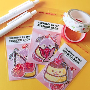 Cherry on Top Holographic Vinyl Sticker 3-Pack | Kawaii, Retro, Cute Adorable Dessert Stickers, Waterbottle, Kindle, Stocking Stuffer