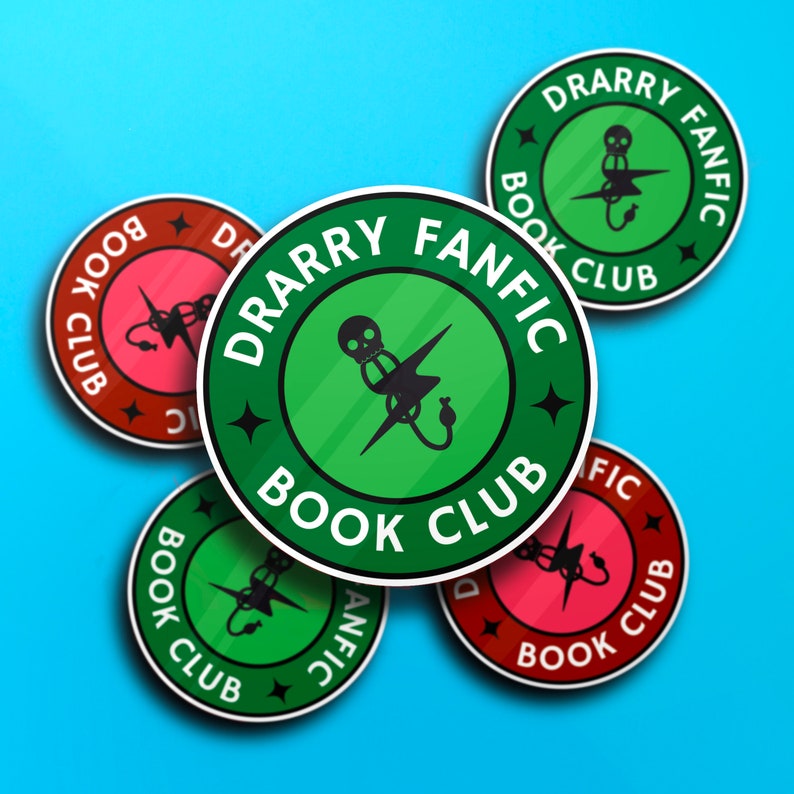May include: Five round stickers with green and red backgrounds. The stickers have black text that reads "Drarry Fanfic Book Club". The stickers have a black star and a black image of a skull and lightning bolt.