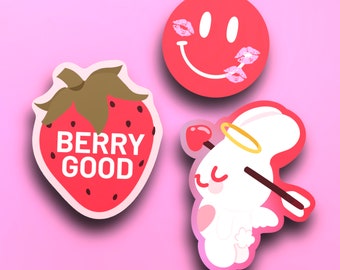Valentines Sticker Pack | Pack of 3 Smiley Face Halo Angel Bunny Cupid Strawberry Kitsch Aesthetic Coquette Retro Lovers BFF