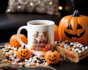 Ghost Halloween Mug, Ghost Reading Book Mug, Fall Mug, New Home Gifts, Book Lovers Coffee Mug, Gifts For Her, Pumpkin Spice Mug, Spooky Cup