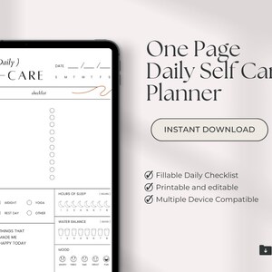 May include: A digital planner for daily self-care with a checklist, a section for tracking hours of sleep, water intake, and mood, and a section for listing things that made you happy today. The planner is designed in a minimalist style with a white background and black text.