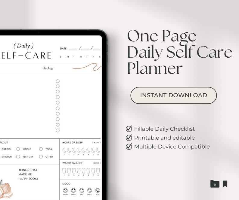 May include: A digital planner for daily self-care with a checklist, a section for tracking hours of sleep, water intake, and mood, and a section for listing things that made you happy today. The planner is designed in a minimalist style with a white background and black text.