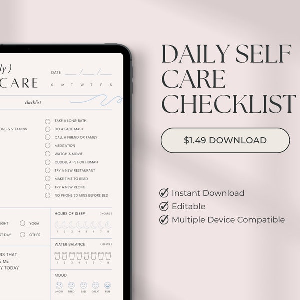 Printable & Editable Daily Self-Care Checklist - Digital Download - Prioritize Your Well-Being with Sleep, Water, and Gratitude Tracking