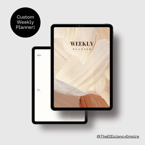 May include: Two digital tablet screens displaying a weekly planner template. The screen on the left shows a blank weekly planner with the days of the week labelled. The screen on the right shows a weekly planner with a background image of abstract brushstrokes in beige, brown, and white. The text "WEEKLY PLANNER" is displayed on the screen.