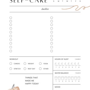 May include: A printable self-care checklist with sections for workout, hours of sleep, water balance, and mood. The checklist includes checkboxes, circles, and icons to track progress.