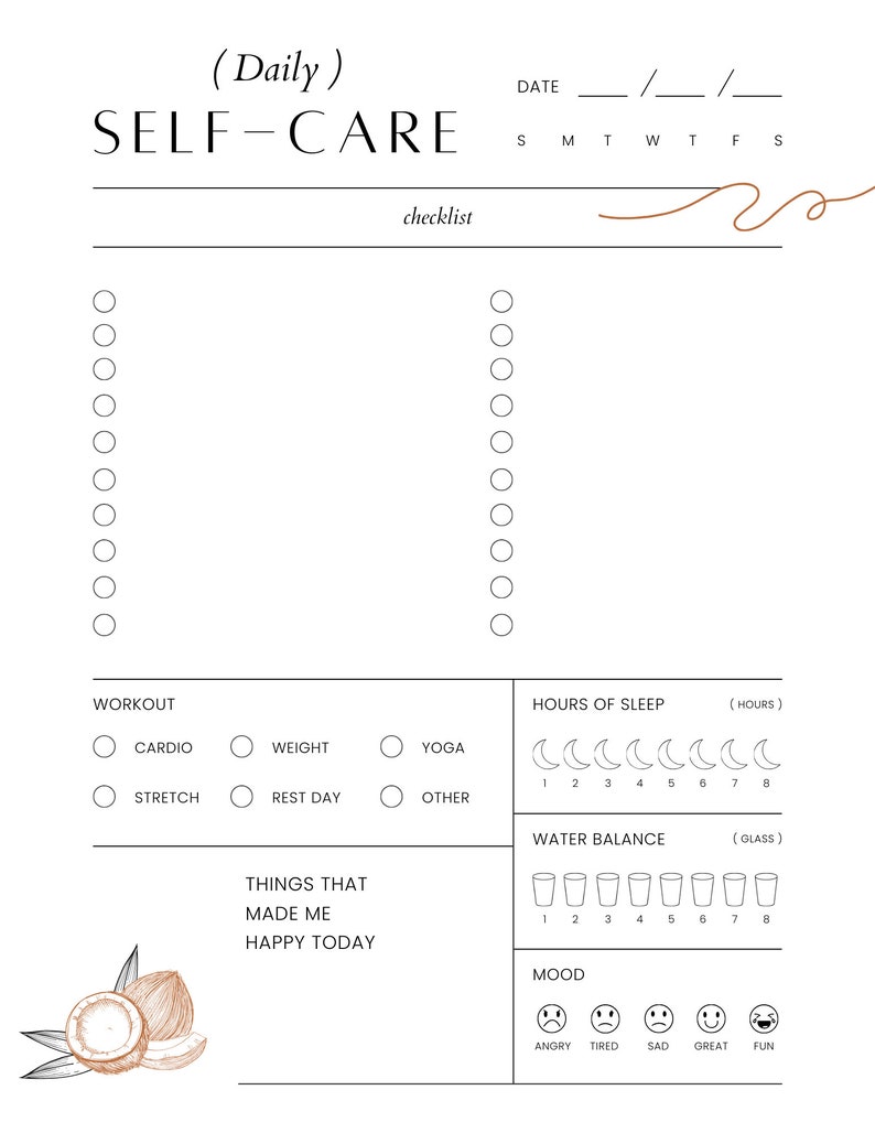 May include: A printable self-care checklist with sections for workout, hours of sleep, water balance, and mood. The checklist includes checkboxes, circles, and icons to track progress.