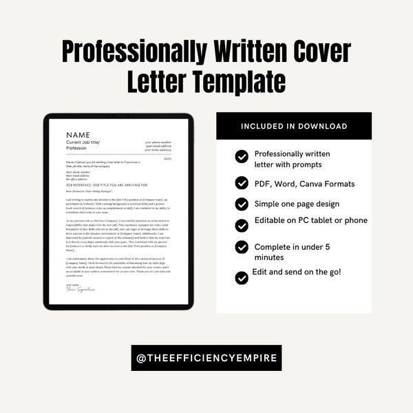 Professionally Written Cover Letter Template with Prompts - Instant Download in PDF, Word, and Canva Formats - Professional and Editable