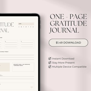 May include: A digital download of a one-page gratitude journal with a minimalist design. The journal includes prompts for listing things you are grateful for, things that made you smile, and your biggest goal for the day. The journal also includes a space for affirmations and thoughts.