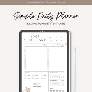 May include: A digital planner template for self-care with a checklist for daily activities, including workout, hours of sleep, water balance, and mood tracker. The template has a simple and minimal design with a light grey background and black text.