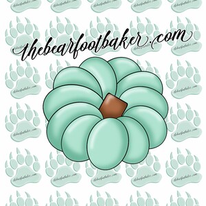 May include: A teal pumpkin illustration with a brown stem, surrounded by paw prints and the text "thebearfootbaker.com" in a whimsical font. The pumpkin is made of rounded segments.