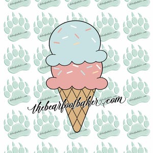 May include: A cartoon ice cream cone with pink and blue scoops, topped with sprinkles, sits on a white background with repeating light blue paw prints. The text "thebearfootbaker.com" is written in cursive below the ice cream cone.