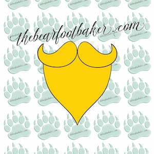 May include: A whimsical design featuring a yellow beard and mustache shape, set against a backdrop of light blue bear paw prints. The text "thebearfootbaker.com" is repeated throughout the image, creating a playful and unique pattern.