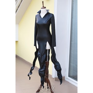 Peut inclure: Une robe en cuir noir avec un col montant et des manches longues. La robe a une fente sur le devant et une longue traîne à l'arrière.