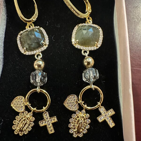 Labradorite & Blessed Mother triple charm earrings