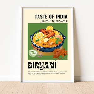 Impresión Biryani / Cartel de la India / Arte Desi / Decoración de la cocina / Arte de la comida / Moderno de mediados de siglo / Signo de comer / Arte pop / Inauguración de la casa / Cartel de papel mate