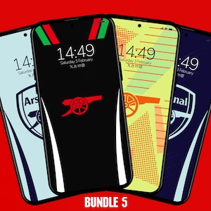 May include: Four different phone screen designs featuring the Arsenal Football Club logo. The designs are black with white and red accents, yellow with orange accents, blue with white accents, and light blue with dark blue accents. Each design features the Arsenal logo and the time 14:49. The text "BUNDLE 5" is at the bottom of the image.