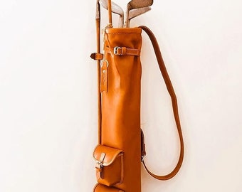 Real Leather Sunday club Golf bag old school with two pockets, handmade real leather vintage Style Brown Golf Bag, Leather Golf Stand