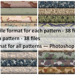 May include: A collection of 38 camouflage patterns in various colors and designs. The patterns are arranged in rows and include digital, woodland, and desert styles. The image includes text that reads: "EPS vector file format for each pattern - 38 files", "JPG for each pattern - 38 files", and "PAT file format for all patterns - Photoshop".