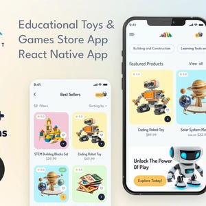 Puede incluir: Interfaz de aplicación móvil para una tienda de juguetes y juegos educativos. La aplicación muestra productos destacados como un juguete de robot de codificación y un modelo del sistema solar. La aplicación se llama "Brainnest" y tiene el texto "Educational Toys & Games Store App React Native App."