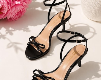 Kitten Heels: Ankle-Strap Open-Toe Heels with Bow