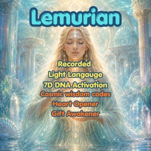 Könnte beinhalten: Eine digitale Illustration einer Figur mit langem blonden Haar und einem Kristall auf der Stirn, umgeben von leuchtenden Säulen und Wasser. Der Text lautet: Lemurian, Recorded Light Langauge, 7D DNA Activation, Cosmic wisdom codes, Heart Opener, Gift Awakener.