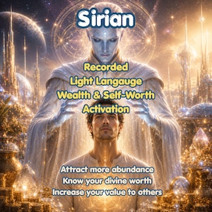 May include: A digital illustration featuring a glowing, ethereal figure with pale skin and white robes hovering behind a person. Text reads: Sirian, Recorded Light Langauge, Wealth & Self-Worth Activation, Attract more abundance, Know your divine worth, Increase your value to others.