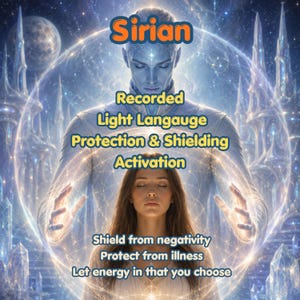 Puede incluir: Una ilustración digital que muestra una figura de piel azul detrás de una persona con cabello castaño largo, ambas encerradas en una esfera brillante. El texto dice: Sirian, Recorded Light Langauge, Protection & Shielding Activation, Shield from negativity, Protect from illness, Let energy in that you choose.