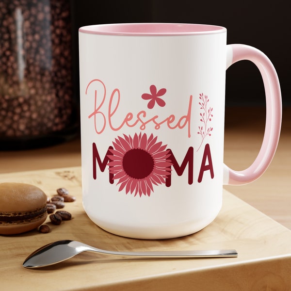 Blessed moma with flower Two-Tone Coffee Mugs, 15oz