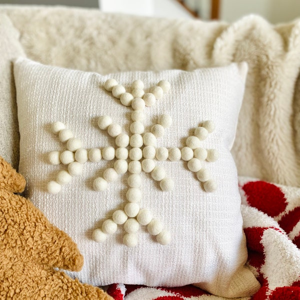 16” Wool Felt Ball Snowflake Pillow Cover, Winter Snowflake Pillow Cover, Christmas Pillow