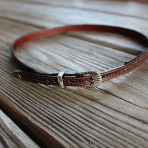 AU-LC-51W-BRN Western Leather Cowboy Hat Band Embossed Basketweave Brown Leather 1/2&quot; Wide tapered to 3/8&quot;