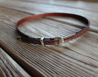 AU-LC-51W-BRN Western Leather Cowboy Hat Band Embossed Basketweave Brown Leather 1/2" Wide tapered to 3/8"