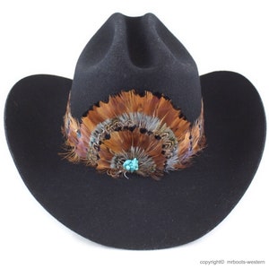 AU-FHB-08 Western Feather Hat Band for Cowboy Hats Natural Brown with Turquoise Center