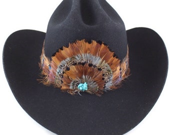 AU-FHB-08 Western Feather Hat Band for Cowboy Hats Natural Brown with Turquoise Center