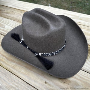 AU-HH05-02 Horse Hair Hat Band Five Strand Black/Natural/Black with Black Tails and 2 Black Tassels