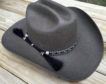 AU-HH05-02 Horse Hair Hat Band Five Strand Black/Natural/Black with Black Tails and 2 Black Tassels