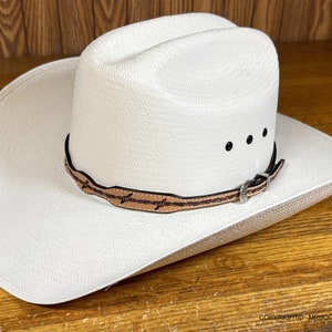 AU-LC-51B-NAT Western Leather Cowboy Hat Band Hand Carved Scalloped Barbed Wire Design Natural Tan Leather 1/2" Wide tapered to 3/8"