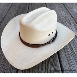 AU-LC-69W-NAT Western Leather Cowboy Hat Band Embossed Basketweave Natural Leather 3/4" Wide tapered to 3/8"