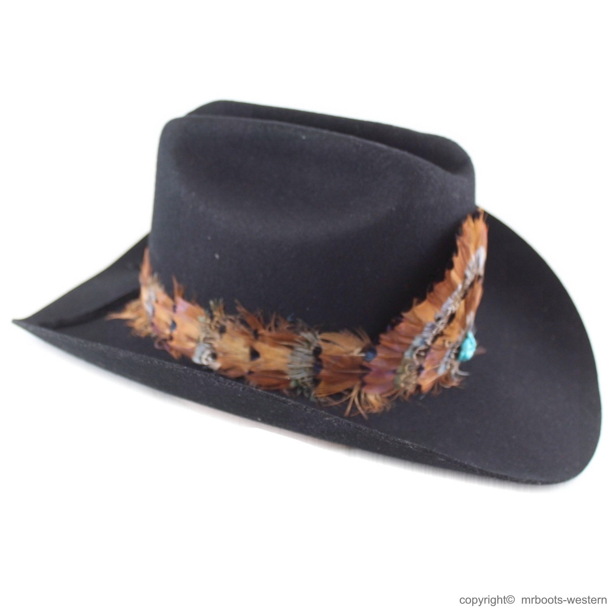 Brown Felt Western Hat with Turquoise Feather and Navajo Print Band Feathered Outlaw- Brown/Turquoise Feather – The Rancher Hat Co main image 2