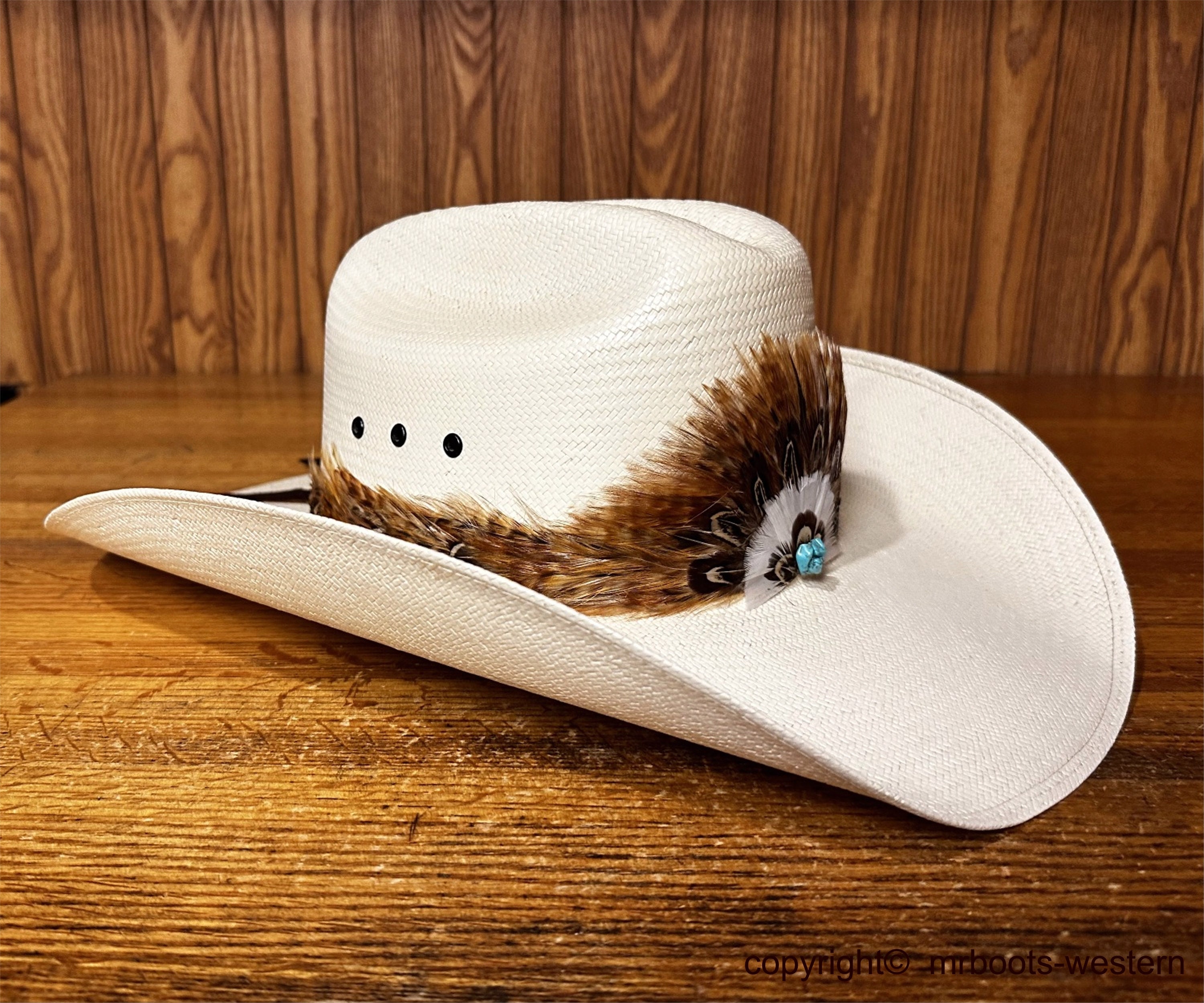 Western Straw Cowboy Hat Sz 6 7/8 Feather Hatband Country Ranch Apache Retro Pheasant Feather Straw Cowboy Hat – High Desert main image 2