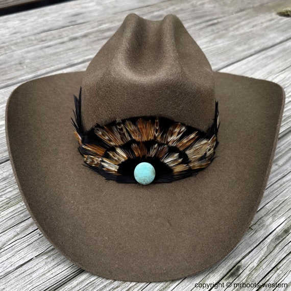 Vintage Brown Wool Cowboy Hat with Leather Band & Feather Accent Vintage Western 100% Wool Cowboy Hat With Hatband and  main image 3